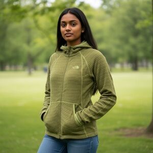 The North Face Olive Green Striped Polartec Fleece Jacket Hooded Women’s Large